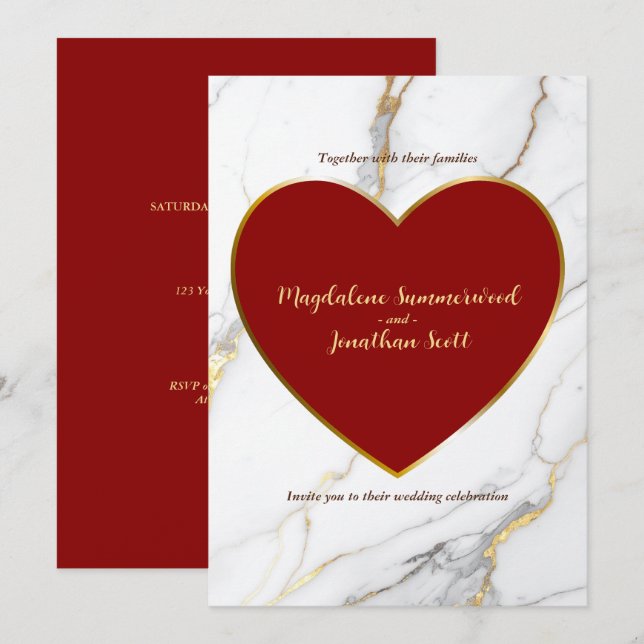 Modern Red Heart Marble and Gold Accent Wedding Invitation (Front/Back)