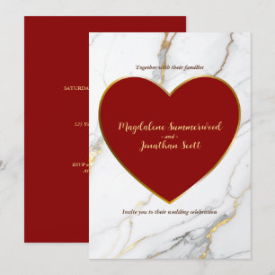 Modern Red Heart Marble and Gold Accent Wedding Invitation