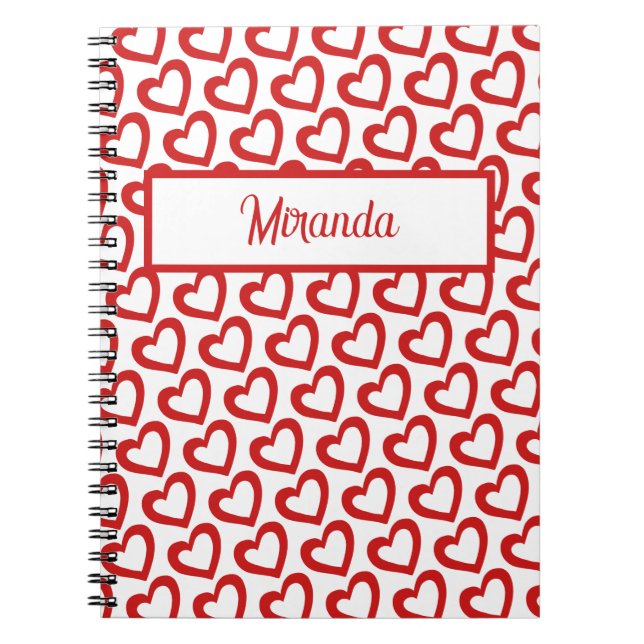 Modern Red Heart Valentines Custom Name Notebook (Front)