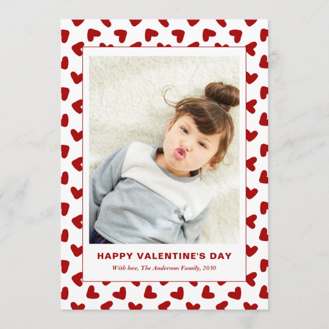 Modern Red Hearts Pattern One Photo Valentines Day Holiday Card (Front)