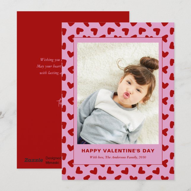 Modern Red Hearts Pattern One Photo Valentines Day Holiday Card (Front/Back)