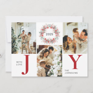 Modern Red Holly Berries 3 Photo Joy Christmas Holiday Card