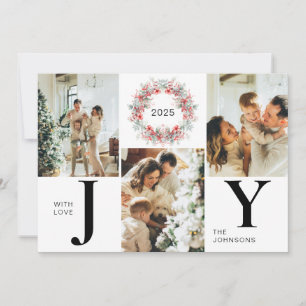 Modern Red Holly Berries 3 Photo Joy Christmas Holiday Card