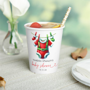 Modern Red Holly Christmas Santa Baby Shower Paper Cups