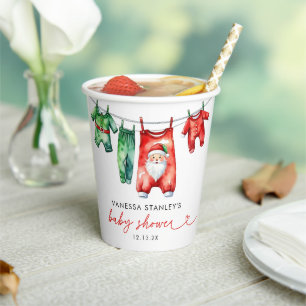 Modern Red Holly Christmas Santa Baby Shower Paper Cups
