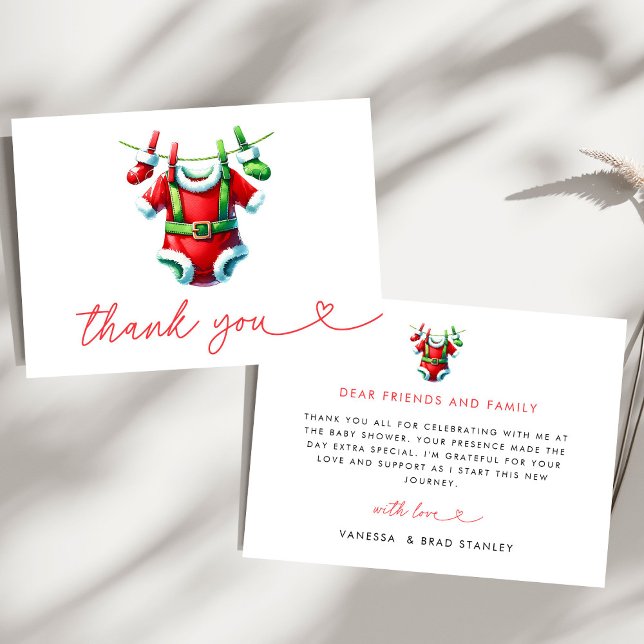 Modern Red Holly Christmas Santa Baby Shower Thank You Card (Creator Uploaded)