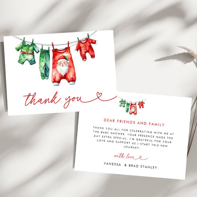 Modern Red Holly Christmas Santa Baby Shower Thank You Card (Creator Uploaded)