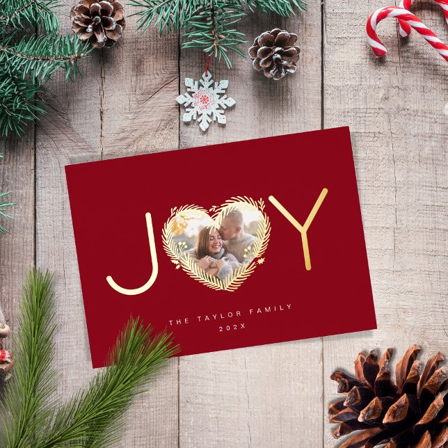 Modern Red Joy Joyful Christmas Heart Wreath Photo Foil Holiday Card (Creator Uploaded)