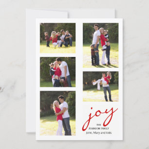 Modern red joy, stripes photo collage Christmas Holiday Card