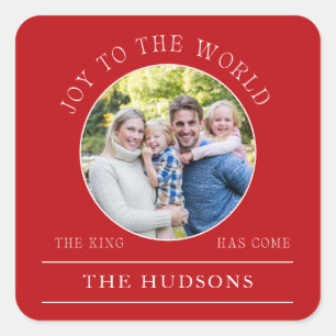 Modern Red Joy To The World Round Photo Square Sticker