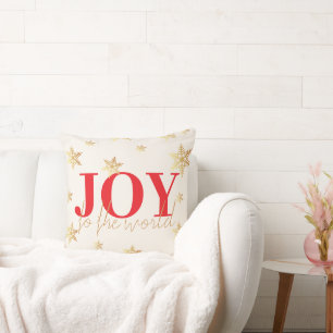 Modern Red Joy To The World Snow Flakes Cushion