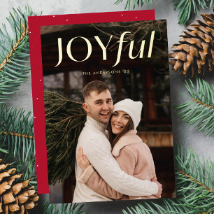Modern Red Joyful Photo Foil Holiday Card