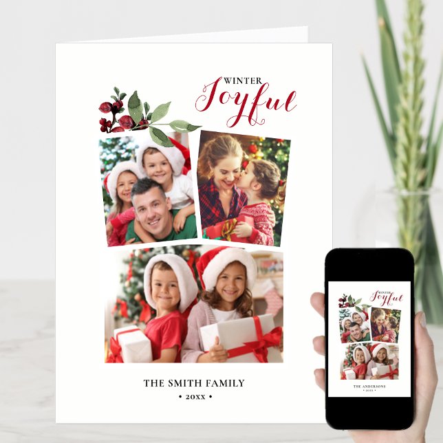 Modern Red JOYFUL Red Berry Greenery Photo Chic  Holiday Card (Creator Uploaded)