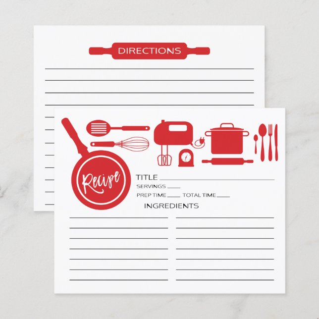 Modern Red Kitchen Utensils Recipe Card (Front/Back)