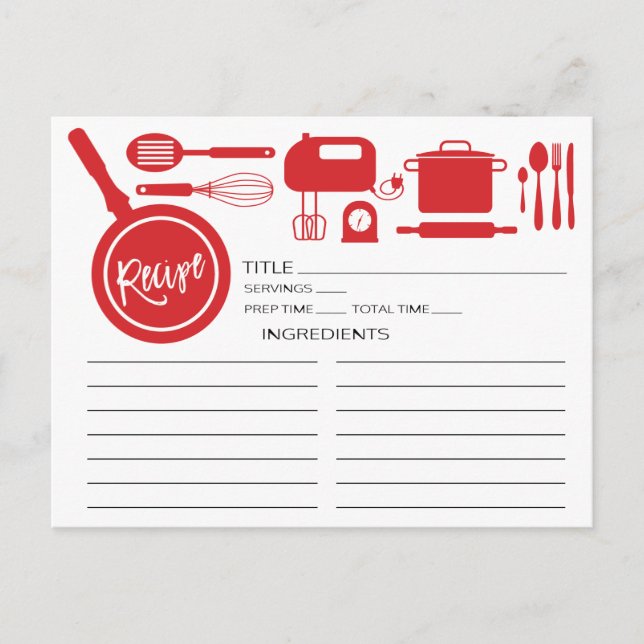 Modern Red Kitchen Utensils Recipe Card (Front)