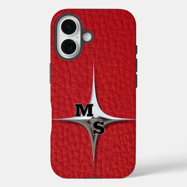 Modern Red Leather Monogram Case-Mate iPhone Case (Back)