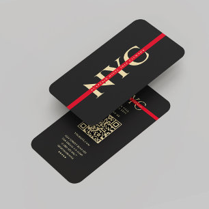 Modern Red Line Firefighter Monogram Black Gold  Business Card