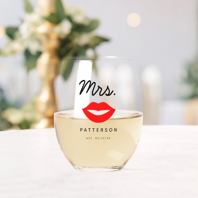Modern Red Lips Mrs. Wedding Stemless Wine Glass (Insitu (Wedding))