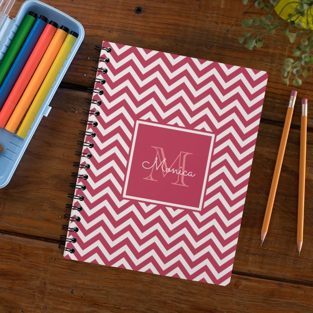 Modern Red Magenta Chevron Pattern Monogram Notebook (Creator Uploaded)