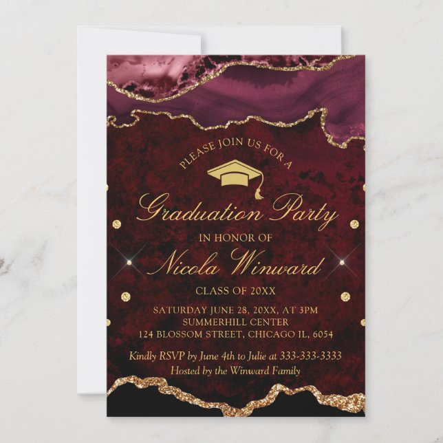 Modern Red Marble Agate Graduation Party  Invitation (Front)