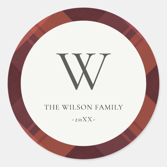 Modern Red Maroon Marsala Plaid Pattern Monogram Classic Round Sticker (Front)