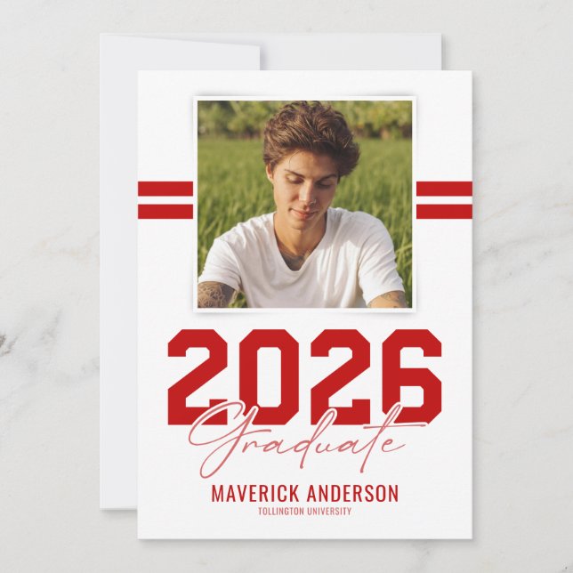 Modern Red Masculine Photo Graduation Announcement (Front)
