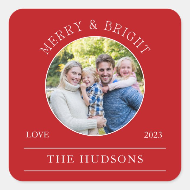 Modern Red Merry & Bright Round Photo Square Sticker (Front)