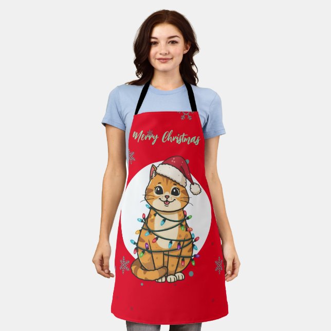 Modern red merry cat snowflake Christmas kitten Apron (Worn)