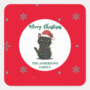 modern red merry cat snowflake christmas kitten Ca Square Sticker