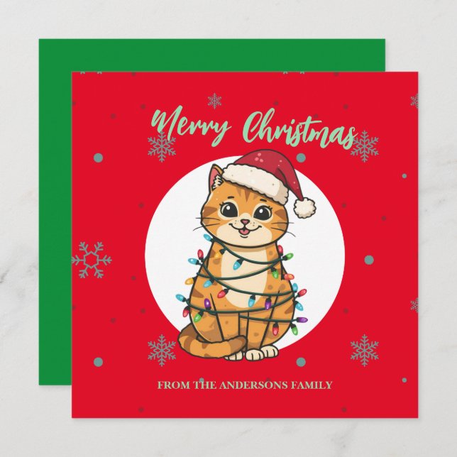 Modern red merry cat snowflake Christmas kitten Holiday Card (Front/Back)