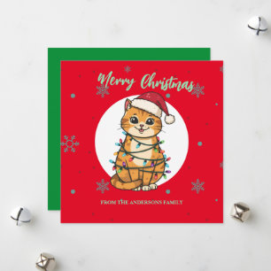 Modern red merry cat snowflake Christmas kitten Holiday Card