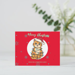 Modern red merry cat snowflake Christmas kitten Holiday Postcard