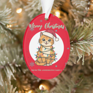 Modern red merry cat snowflake Christmas kitten Ornament