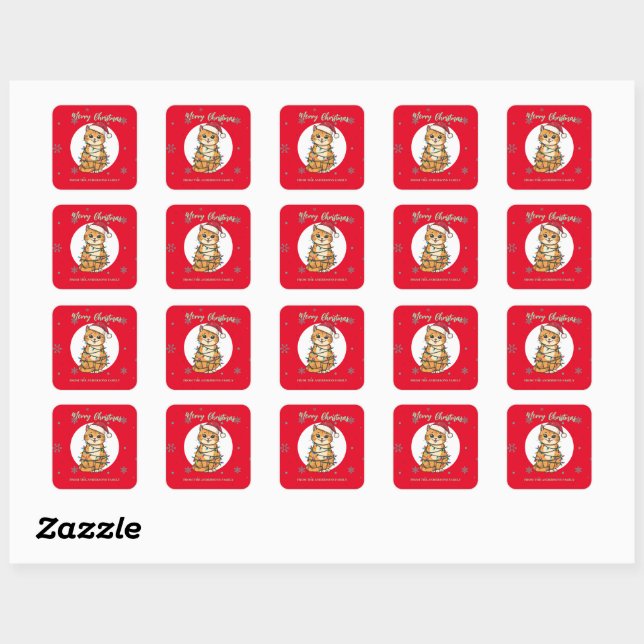 Modern red merry cat snowflake Christmas kitten Square Sticker (Sheet)