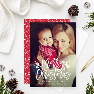Modern Red Merry Christmas Brushed Script Photo Holiday Card