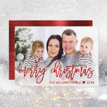 Modern Red Merry Christmas Glitter Script Photo Holiday Card<br><div class="desc">Bring joy to your family and friends with one of our personalised family photo Christmas cards. This modern design features your photo with an overlay below and greeting in faux red glitter script that reads "Merry Christmas" with your name and year to customise. The back of the card has a...</div>