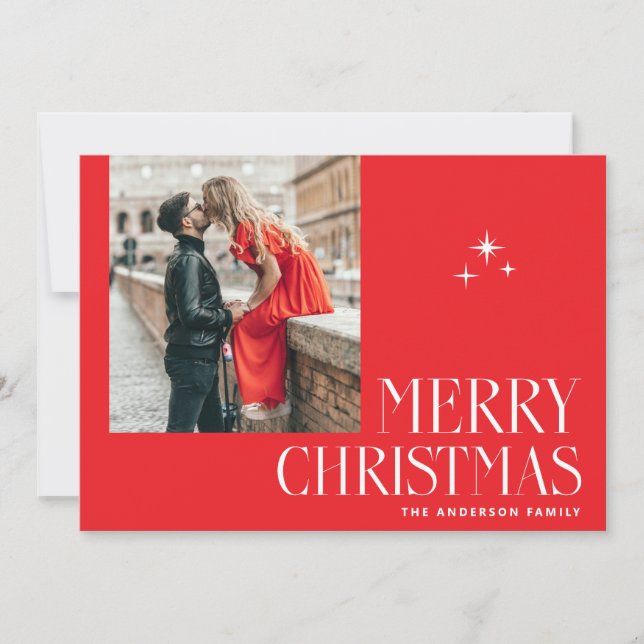 Modern Red Merry Christmas Greeting. Elegant Photo Holiday Card (Front)