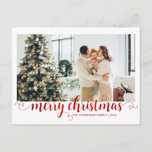 Modern Red Merry Christmas Heart Script Photo Holiday Postcard (Front)