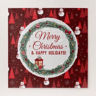 Modern red merry christmas holiday jigsaw puzzle