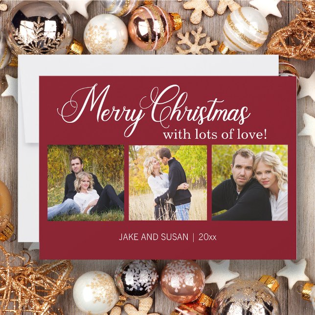 Modern Red Merry Christmas Love Year 3 Photo Holiday Card (Red 3-photo Christmas greeting card)