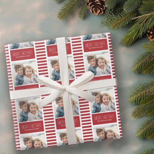 Modern Red Merry Christmas One Photo Wrapping Paper (Personalized wrapping paper with 1 photo)