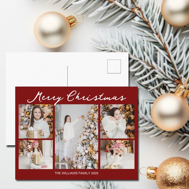 Modern Red Merry Christmas Photo Collage Holiday Postcard (Creator Uploaded)