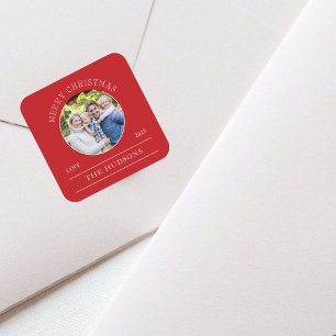 Modern Red Merry Christmas Photo Square Sticker