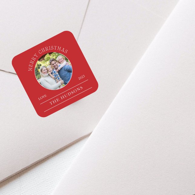 Modern Red Merry Christmas Photo Square Sticker (Creator Uploaded)