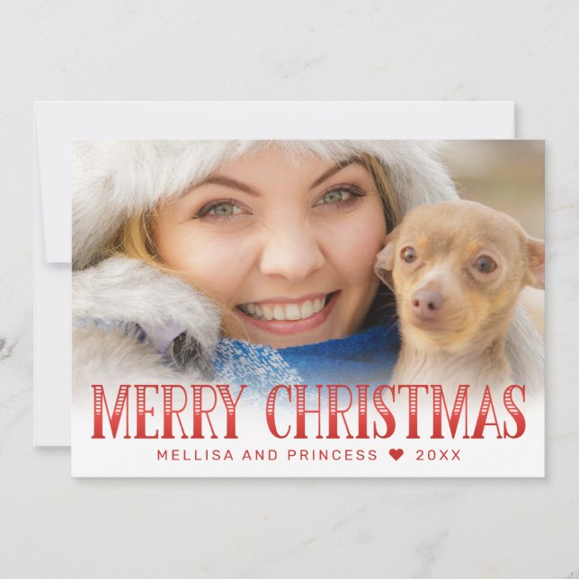 Modern Red Merry Christmas Script Family Photo  Holiday Card (Front)