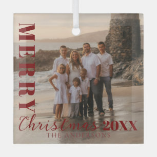 Modern Red Merry Christmas Script Photo Glass Tree Decoration
