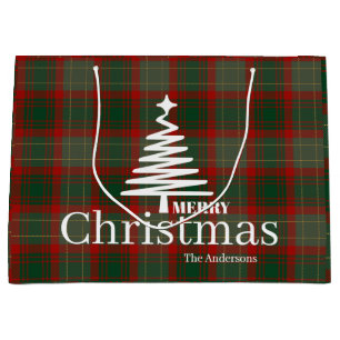 Modern Red Merry Christmas tree script tartan red Large Gift Bag