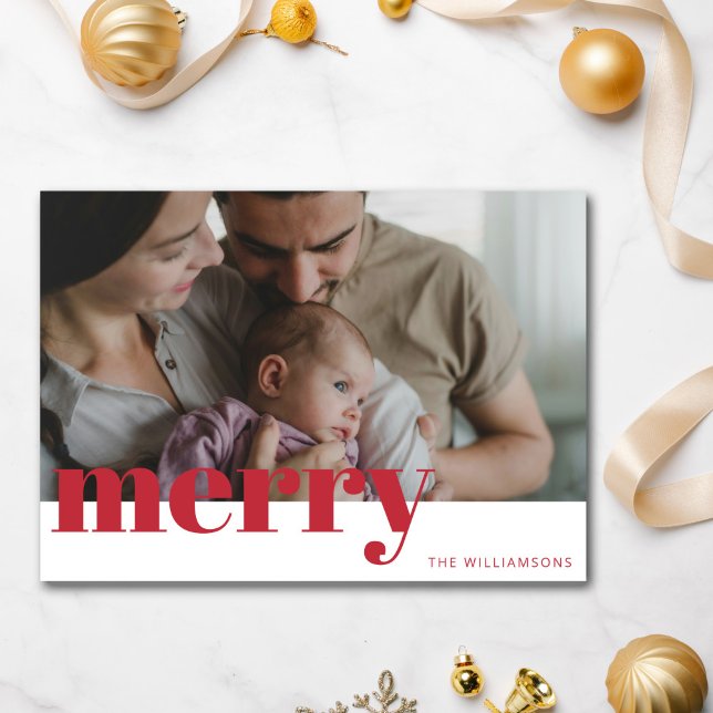 Modern Red Merry Typography Family Photo Christmas Holiday Card (Creator Uploaded)