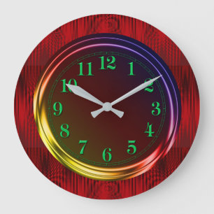Modern Red Metallic, Rainbow Neon Glow Large Clock