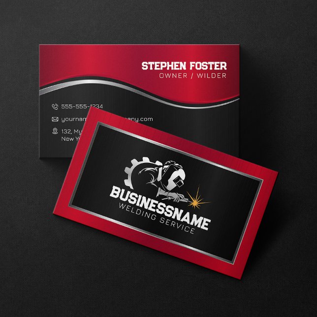 Modern Red Metallic Welding Fabricator Contractor  Business Card (Creator Uploaded)